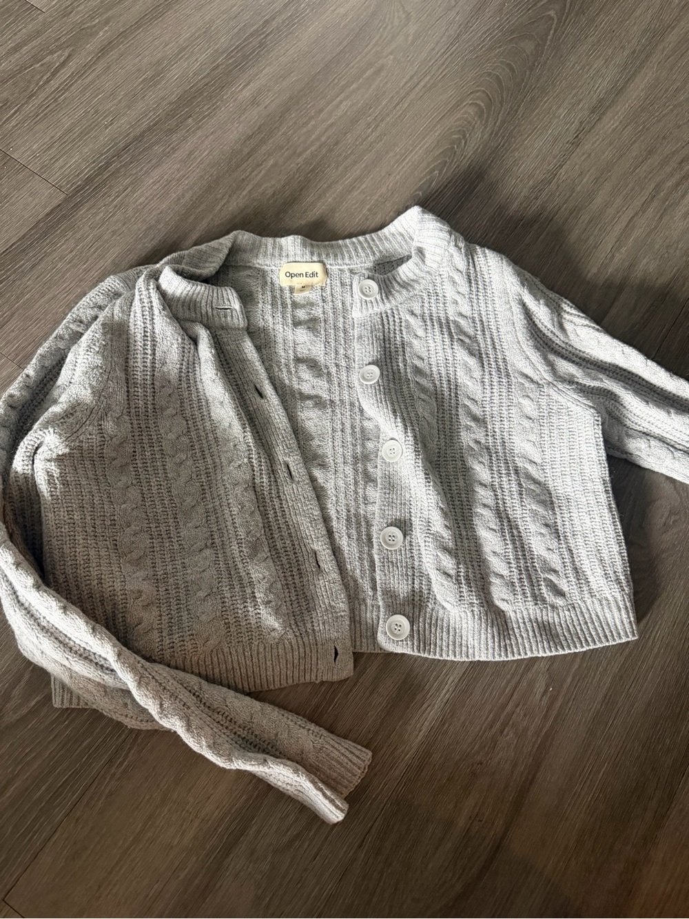 Open Edit Women's Light Gray Cable-Knit Button Cardigan